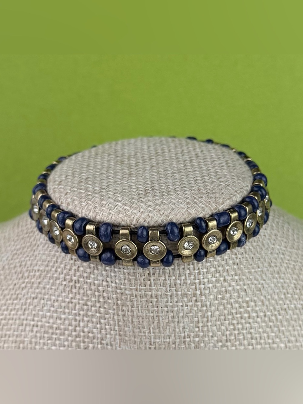 J Crew Antique Brass & Sapphire Blue Rhinestone Stretch Bracelet